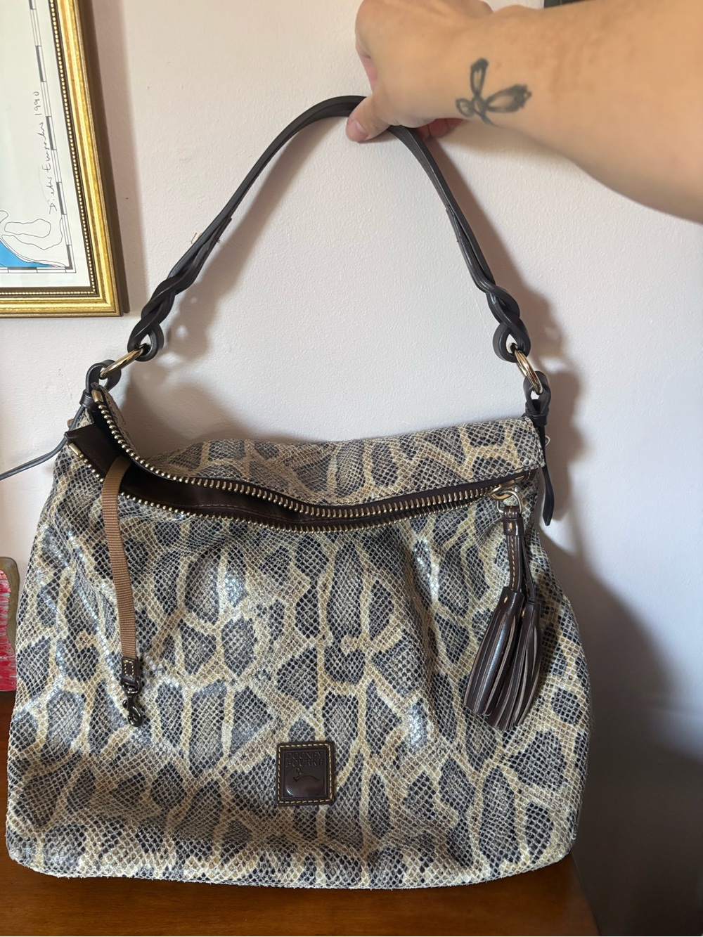 Dooney & Bourke Inspired Snake-Print Hobo Bag in Beige and Brown